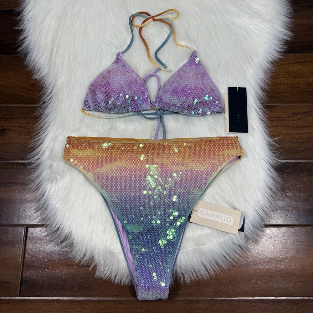 Gianni Bini x Dannijo Medium Sequin Jacinda Top Frida Bikini Bottom Swimsuit SET